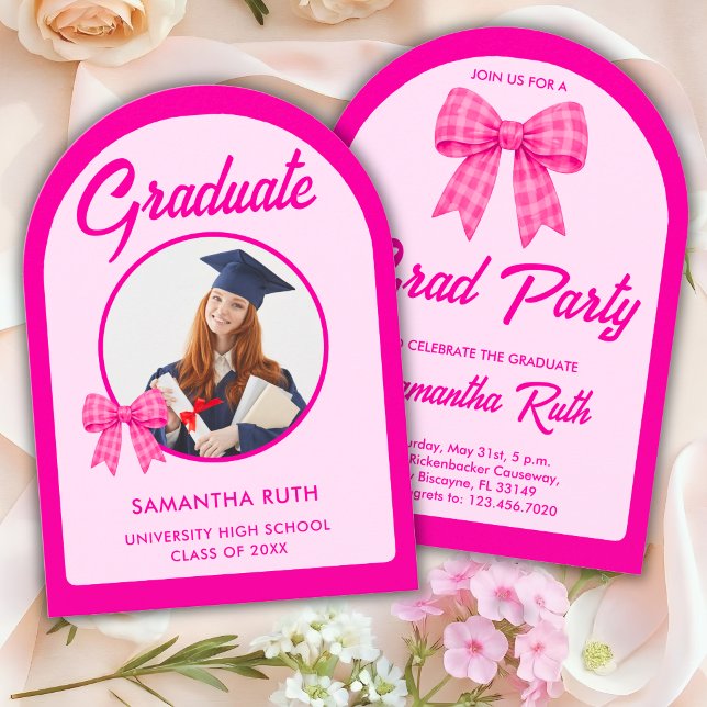 Hot Pink Gingham Bow Arch Photo Graduation Party Invitation (Creator Uploaded)