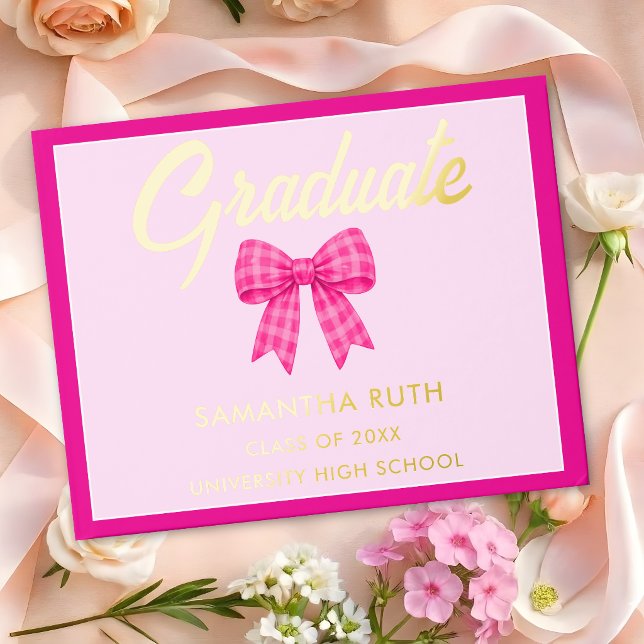 Hot Pink Gingham Bow Graduation Party Foil Guest Book (Creator Uploaded)