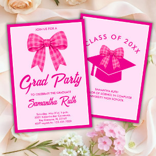 Hot Pink Gingham Bow Graduation Party Invitation