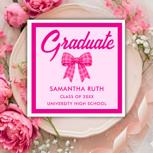 Hot Pink Gingham Bow Graduation Party Napkins