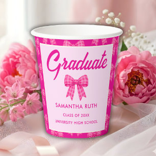 Hot Pink Gingham Bow Graduation Party Paper Cups