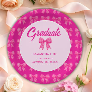 Hot Pink Gingham Bow Graduation Party Paper Plates