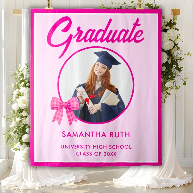 Hot Pink Gingham Bow Photo Graduation Backdrop (Creator Uploaded)