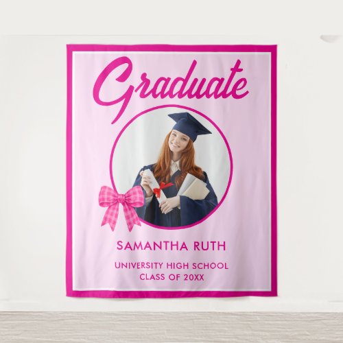 Hot Pink Gingham Bow Photo Graduation Banner Tapestry