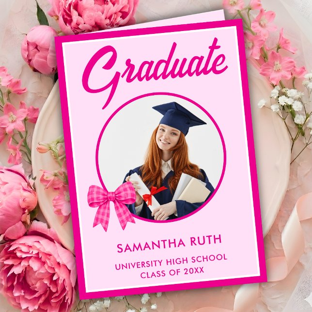 Hot Pink Gingham Bow Photo Graduation  Card (Creator Uploaded)
