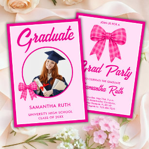 Hot Pink Gingham Bow Photo Graduation Party Invitation