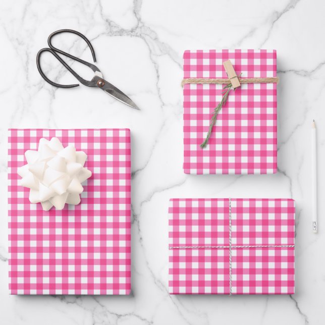 Hot Pink Gingham Check Pattern Wrapping Paper Sheets (Front)
