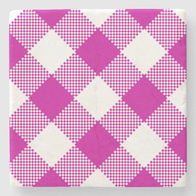 Hot Pink Gingham Checked Square Coaster (Front)