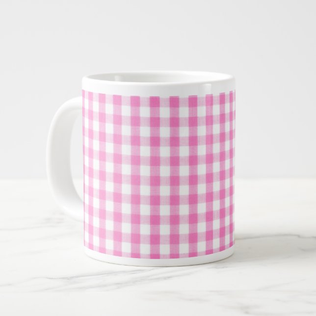 Hot pink Gingham pattern Large Coffee Mug (Front Left)