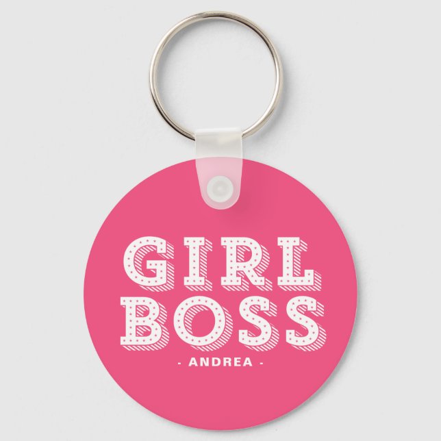 Hot Pink Girl Boss Retro Marquee Personalized Keychain (Front)