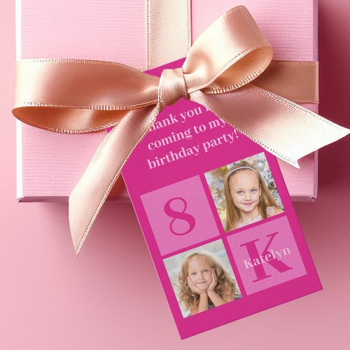 Hot Pink Girl Photo Collage Custom Birthday Party Gift Tags