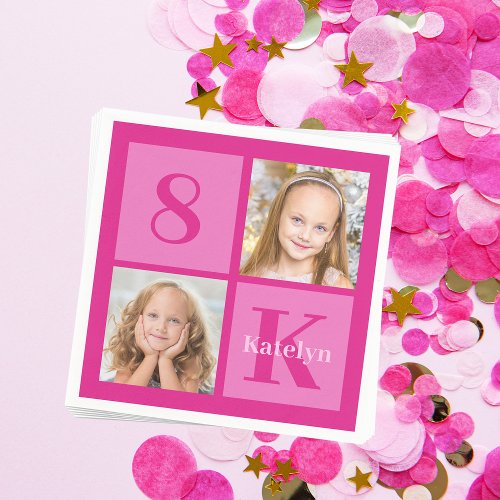 Hot Pink Girl Photo Collage Custom Birthday Party Napkins