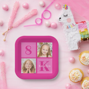 Hot Pink Girl Photo Collage Custom Birthday Party Paper Plates