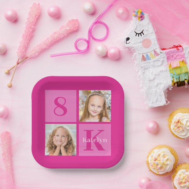Hot Pink Girl Photo Collage Custom Birthday Party Paper Plates (Party)