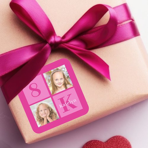 Hot Pink Girl Photo Collage Custom Birthday Party Square Sticker