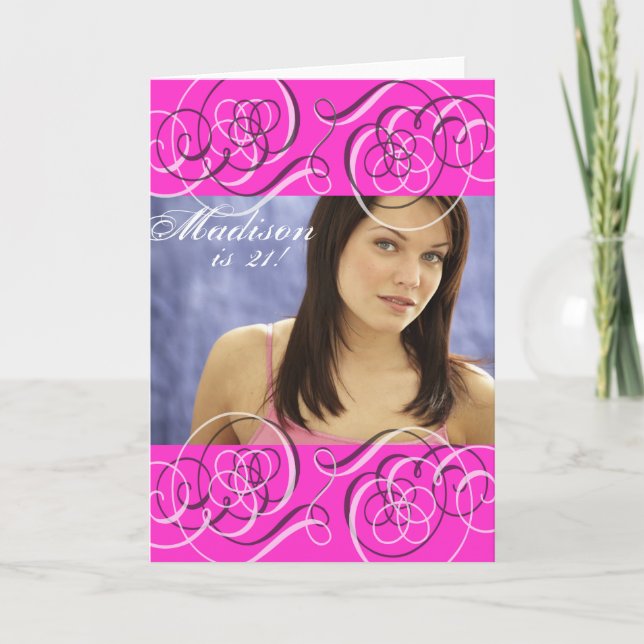 Hot Pink Girl's 21st Birthday Party Photo Card (Front)