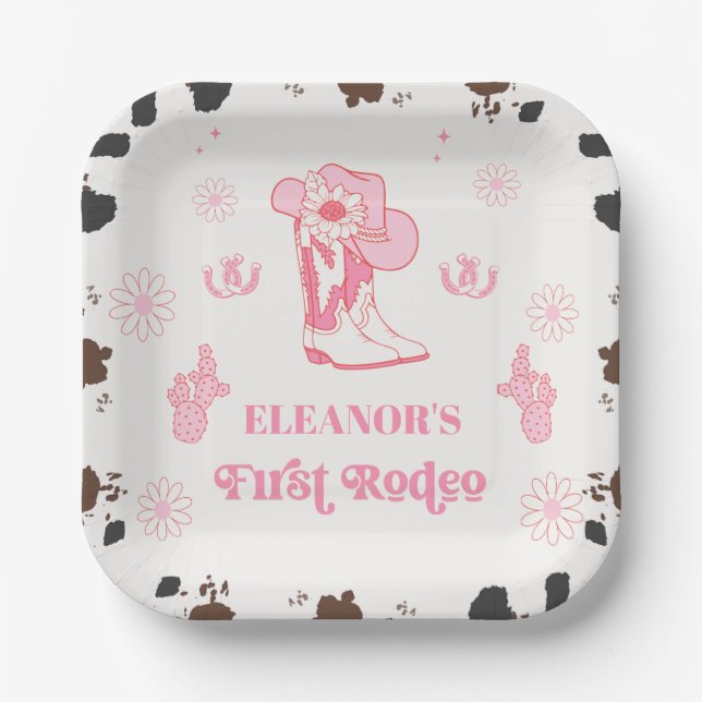 Hot Pink Girls First Rodeo 1st Birthday Party Paper Plates (Front)