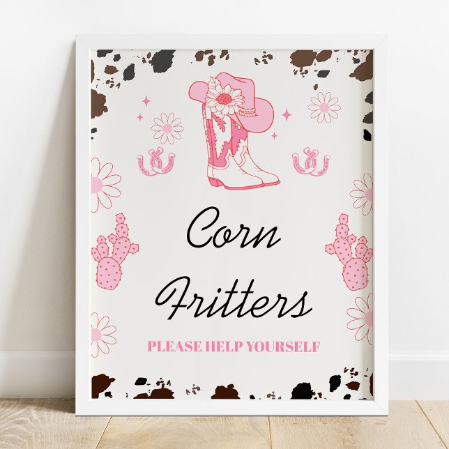Hot Pink Girls First Rodeo 1st Birthday Party Sign (Hot Pink Rodeo Birthday Party Sign, Cowgirl Birthday Party Sign, Cow Print, Daisies, Cowgirl Boots)