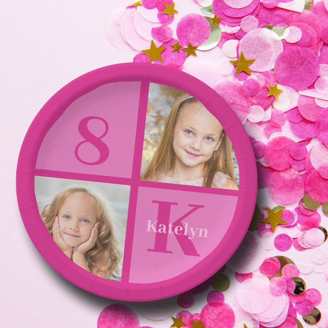 Hot Pink Girls Photo Custom Kids Birthday Party Paper Plates (Creator Uploaded)