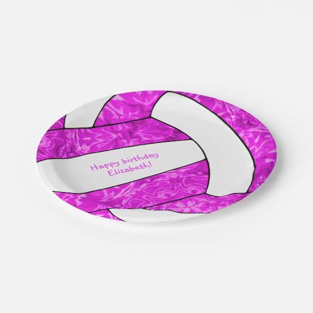 hot pink girl's volleyball birthday party paper plates (Angled)