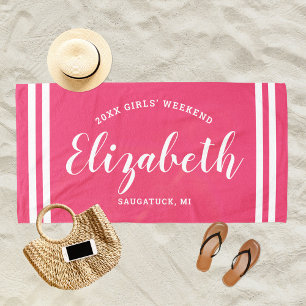 Hot Pink Girls Weekend Monogram Name Beach Towel