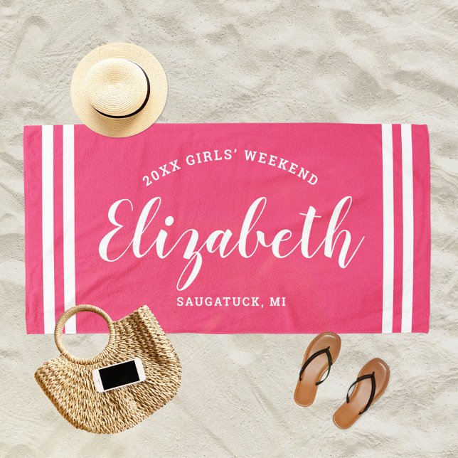 Hot Pink Girls Weekend Monogram Name Beach Towel (Creator Uploaded)