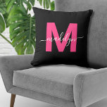 Hot Pink Girly Initial Name Monogram Throw Pillow<br><div class="desc">Personalized Magenta Pink Initial Name Monogram Throw Pillow. This stylish monogram pillow pairs a modern minimalist look with a sophisticated, trendy flair, making it a versatile accent for any room. It features a bold hot pink magenta initial against a sleek black background, with an elegant white script name across the...</div>