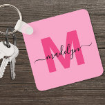 Hot Pink Girly Script Name Monogram Keychain<br><div class="desc">Create Your Own Stylish Modern Custom Black and Pink Monogram Square Keychain. This sleek square keychain brings a modern and personalized touch to your everyday essentials. The design features a bold hot pink monogram initial centered on a solid black background, with your name in elegant white script layered across it....</div>