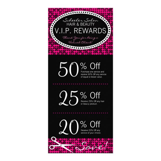 Hot Pink Glam Custom Salon Coupon Rack Cards (Front)