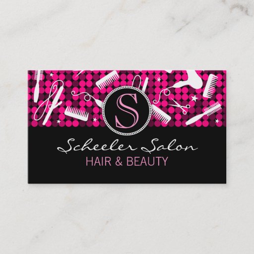 Customizable Hot Pink Glam Hair Salon Monogram Business Cards