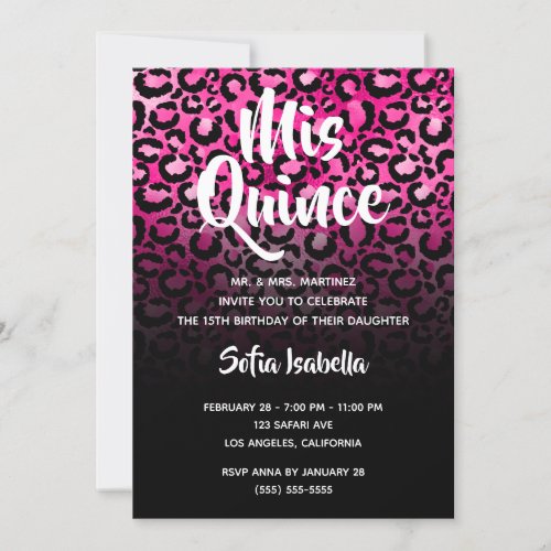 Hot Pink Glam Leopard Spots Black Ombre Mis Quince Invitation