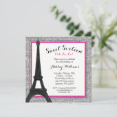 Hot Pink Glam Paris Themed Faux Glitter Sweet 16 Invitation (Standing Front)