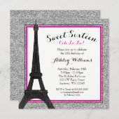 Hot Pink Glam Paris Themed Faux Glitter Sweet 16 Invitation (Front/Back)