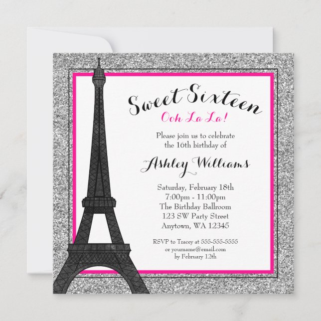 Hot Pink Glam Paris Themed Faux Glitter Sweet 16 Invitation (Front)
