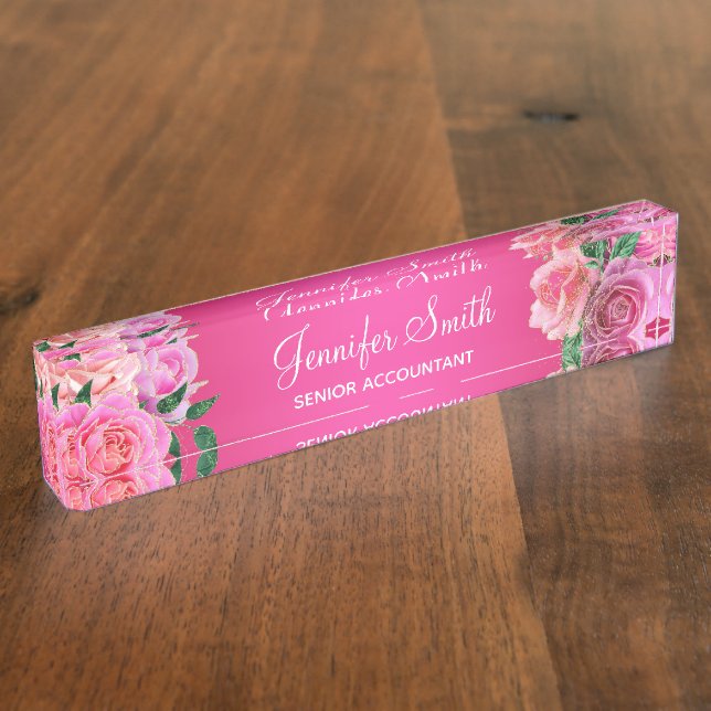 Hot Pink Glam Roses Desk Name Plate (Side)