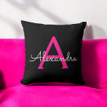 Hot Pink Glam Script Girly Monogram Name Throw Pillow<br><div class="desc">Hot Pink and Black Sparkle Glitter Monogram Name and Initial Pillow. The pillow makes the perfect sweet 16 birthday,  wedding,  bridal shower,  baby shower or bachelorette party gift for someone decorating her room in style</div>