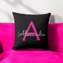 Hot Pink Glam Script Girly Monogram Name Throw Pillow