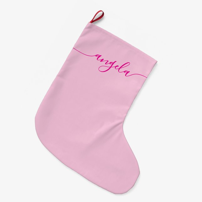 Hot Pink Glam Signature Centered Name Large Christmas Stocking (Front (Hanging))