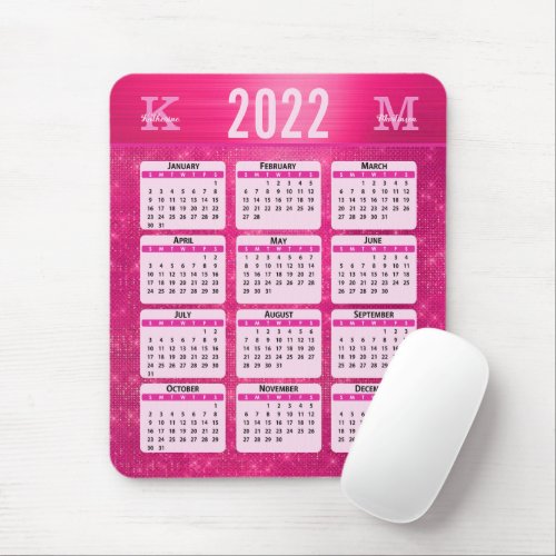 Hot Pink Glam Sparkle Monogram Name 2022 Calendar Mouse Pad