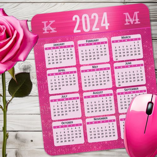 Hot Pink Glam Sparkle Monogram Name 2024 Calendar Mouse Pad