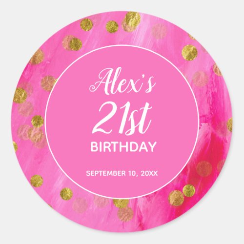 Hot Pink Glitter 21st Birthday Name Classic Round Sticker