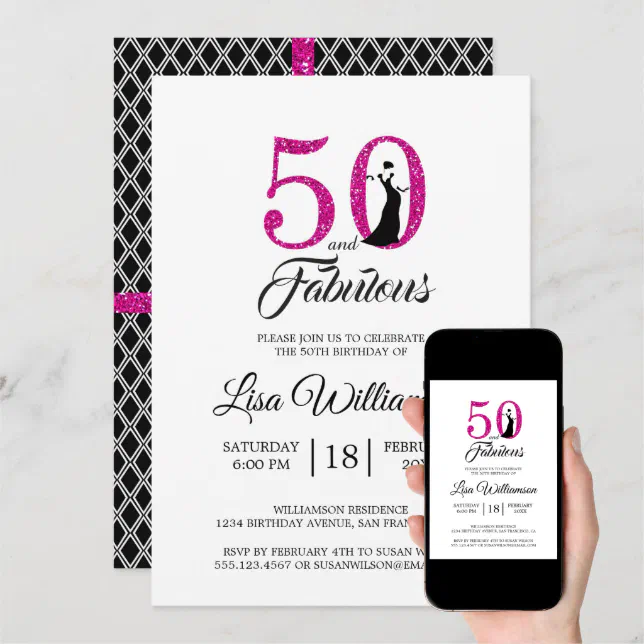 Hot Pink Glitter 50 Fabulous 50th Birthday Party Invitation Zazzle