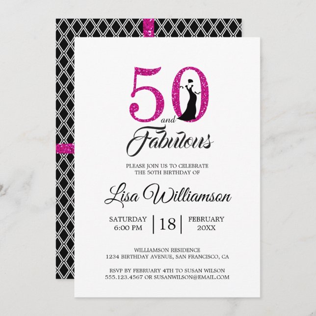 Hot Pink Glitter 50 Fabulous | 50th Birthday Party Invitation (Front/Back)