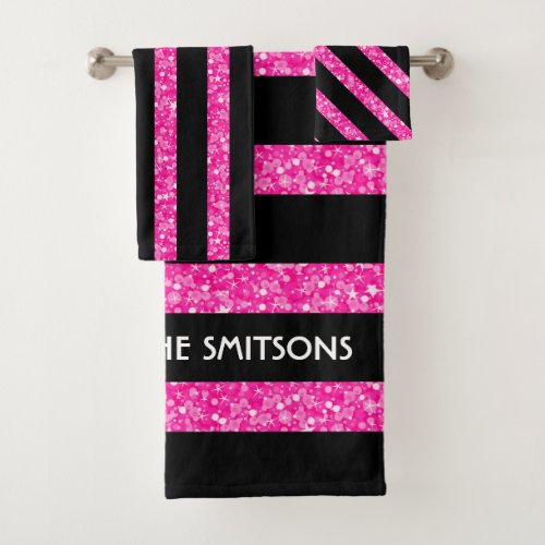 Hot Pink Glitter And Black Stripes Bath Towel Set