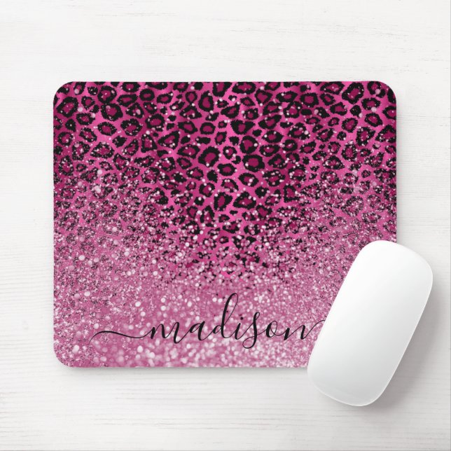 Hot Pink Glitter and Leopard Pattern - Personalize Mouse Pad (With Mouse)