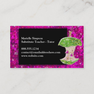 Hot Pink Glitter Apple Substitute Teacher Tutor Business Card