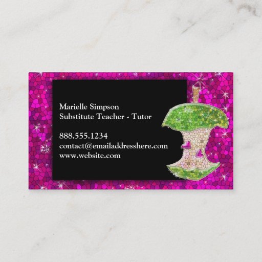 Customizable Hot Pink Glitter Apple Substitute Teacher Tutor Business Card Template