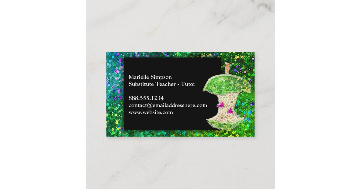 Hot Pink Glitter Apple Substitute Teacher Tutor Business Card | Zazzle
