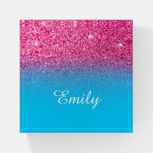 Hot Pink Glitter Aqua Blue Ombre Paperweight