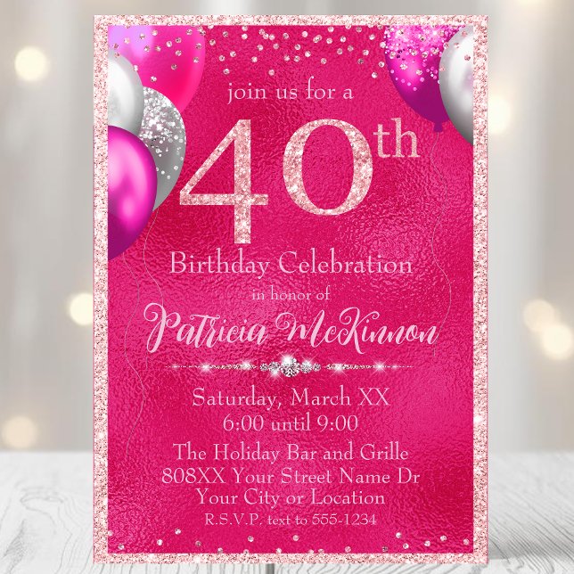 Hot Pink Glitter Balloons 40th Birthday Invitation (Creator Uploaded)